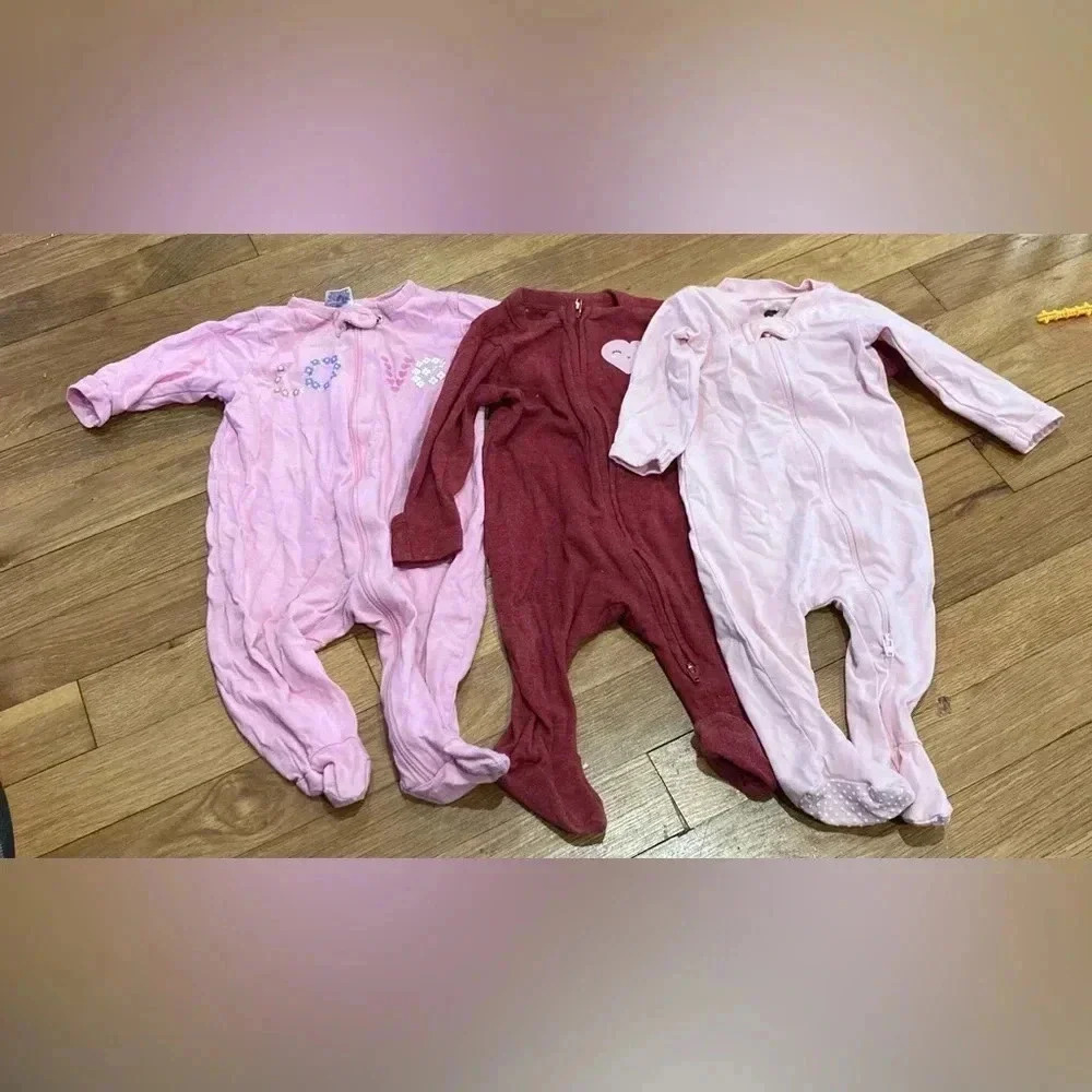 Lot of (3) l/s zipper one piece pajamas pjs size 0-3 Monica Andy old navy girls